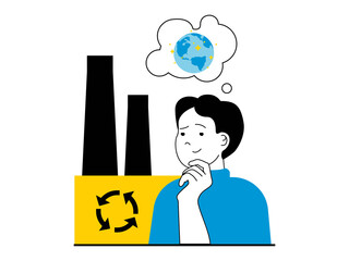 Zero waste concept with character situation. Man cares ecology of planet, uses alternative technologies for green industrial production. Illustrations with people scene in flat design for web