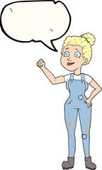 speech bubble cartoon woman in dungarees
