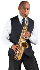 Fototapeta na wymiar Saxophonist. Man playing on the gold saxophone