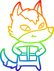 rainbow gradient line drawing friendly cartoon wolf with gift