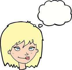 cartoon smiling woman with thought bubble