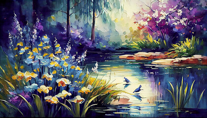 A peaceful and tranquil generative ai illustration of a Japanese pond, surrounded by lush greenery and adorned with vibrant blue and yellow irises
