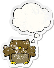 cute cartoon owl and thought bubble as a distressed worn sticker