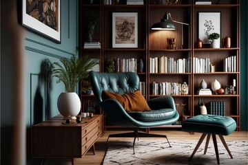 Make a Statement in Your Living Space with a Stylish Interior Showcasing a Contemporary Leather Armchair, Wide and Cross Angled, and a Beautifully Decorated Carpet