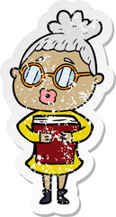 distressed sticker of a cartoon woman with book wearing spectacles