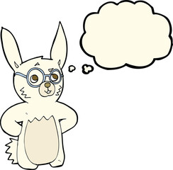 cartoon rabbit wearing spectacles with thought bubble
