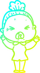 cold gradient line drawing cartoon angry old woman
