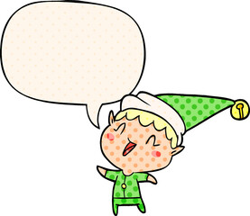 cartoon happy christmas elf and speech bubble in comic book style