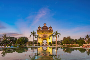 Vientiane Laos, sunset city skyline at Patuxai (Patuxay) the most famous landmark in Vientiane
