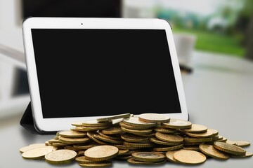 Trading concept, blank screen phone with coins