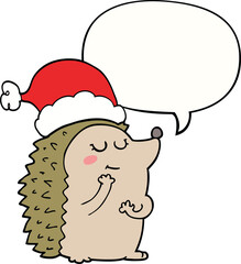 cartoon hedgehog wearing christmas hat and speech bubble