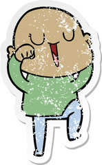 distressed sticker of a happy cartoon bald man