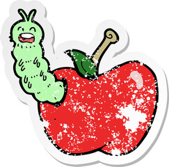 retro distressed sticker of a cartoon bug eating apple