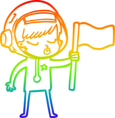 rainbow gradient line drawing cartoon pretty astronaut girl planting flag