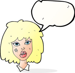 cartoon woman with bruised face with speech bubble