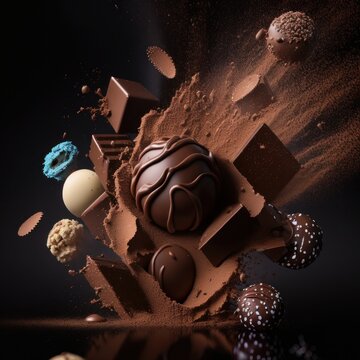 A dynamic image showcasing an explosion of dark chocolate with bonbons, perfect for projects highlighting the irresistible allure and decadence of gourmet confections and premium chocolate