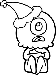 line drawing of a cyclops alien spaceman wearing santa hat