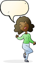 cartoon happy woman dancing with speech bubble