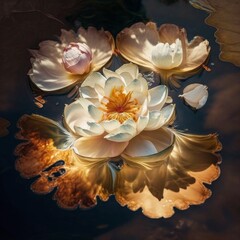 Naklejka na ściany i meble Capture tranquility with this wide-angle, aerial shot of flower petals floating on water, enhanced by the warm glow of a sunset reflection. Perfect for themes of serenity, nature, and harmony.