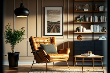 Make Your Living Room Stand Out with a Stylish Interior Showcasing a Modern Leather Armchair, Wide and Cross Angled, and a Chic Carpet Decor