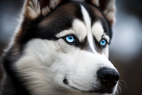 A close up picture of a beautiful black and white Siberian husky dog. A picture of a pretty dog with blue eyes. Generative AI