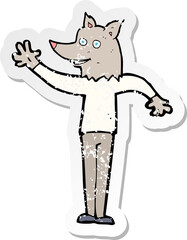 retro distressed sticker of a cartoon waving wolf man