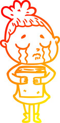 warm gradient line drawing cartoon crying woman holding book