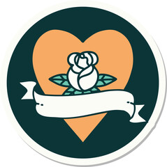 tattoo style sticker of a heart rose and banner