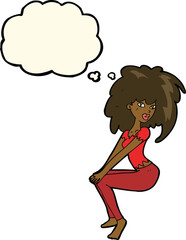cartoon woman with big hair with thought bubble
