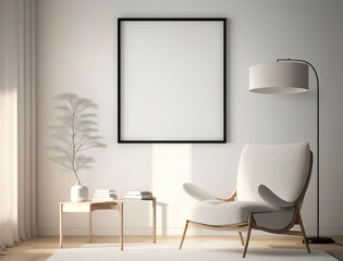 Modern bright living room with large black frame , created with Generative AI technology