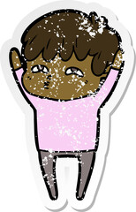 distressed sticker of a cartoon curious man