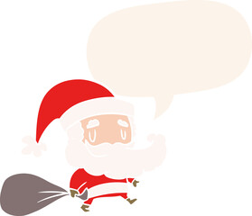 cartoon santa claus carrying sack of presents and speech bubble in retro style