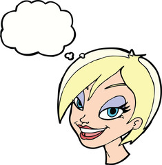 cartoon pretty female face with thought bubble