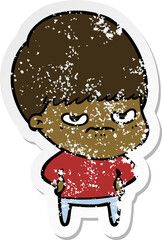 distressed sticker of a annoyed cartoon boy