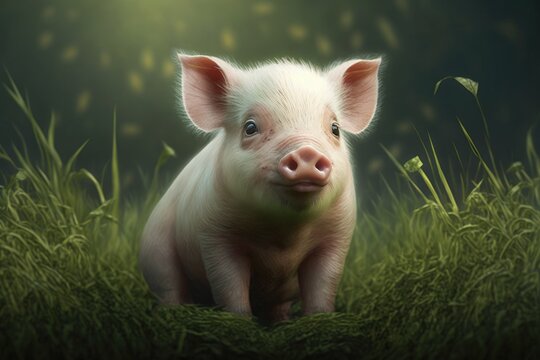 On the green grass, there is a young pig. Generative AI