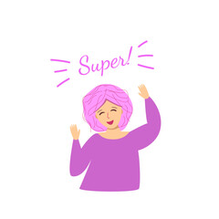 Happy girl with lettering super, isolated on white background, vector flat illustrations. Emotions concept