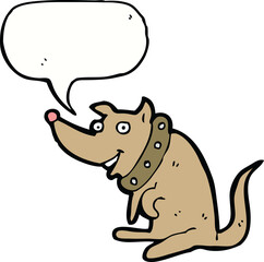 cartoon happy dog in big collar with speech bubble