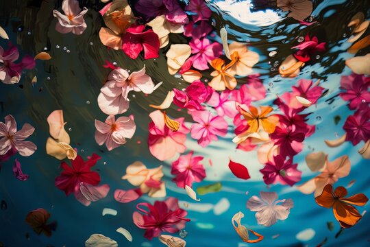 Leaves of red, white, pink, and blue colors are floating on the turquoise water. Relaxing photo., spa, relax 