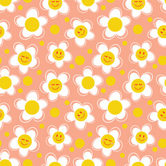 Fototapeta premium Happy flowers vector repeat pattern, pink background