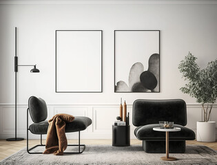 Modern bright living room with two frames on the wall,  created with Generative AI technology