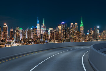 Empty urban asphalt road exterior with city buildings background. New modern highway concrete construction. Concept of way to success. Transportation logistic industry fast delivery. New York. USA.