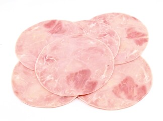 Slices of italian ham, shoulder pork cuts, on white background.