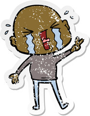 distressed sticker of a cartoon crying bald man