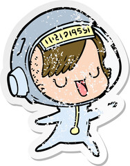 distressed sticker of a cartoon astronaut woman