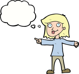 cartoon happy woman pointing with thought bubble
