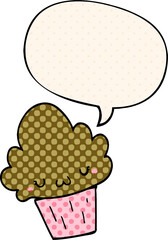 cartoon cupcake and face and speech bubble in comic book style