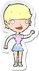retro distressed sticker of a cartoon woman with idea