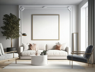 Fototapeta na wymiar Modern bright living room with one large frame, , created with Generative AI technology