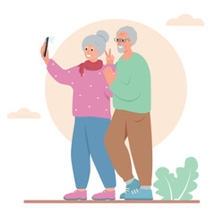 Couple of Elderly People using smartphone to take self-portrait. Senior smiling men and women taking selfie. Active grandparents traveling. Vector flat illustration isolated on white background.