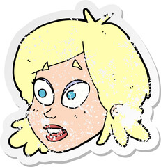 retro distressed sticker of a cartoon female face with surprised expression